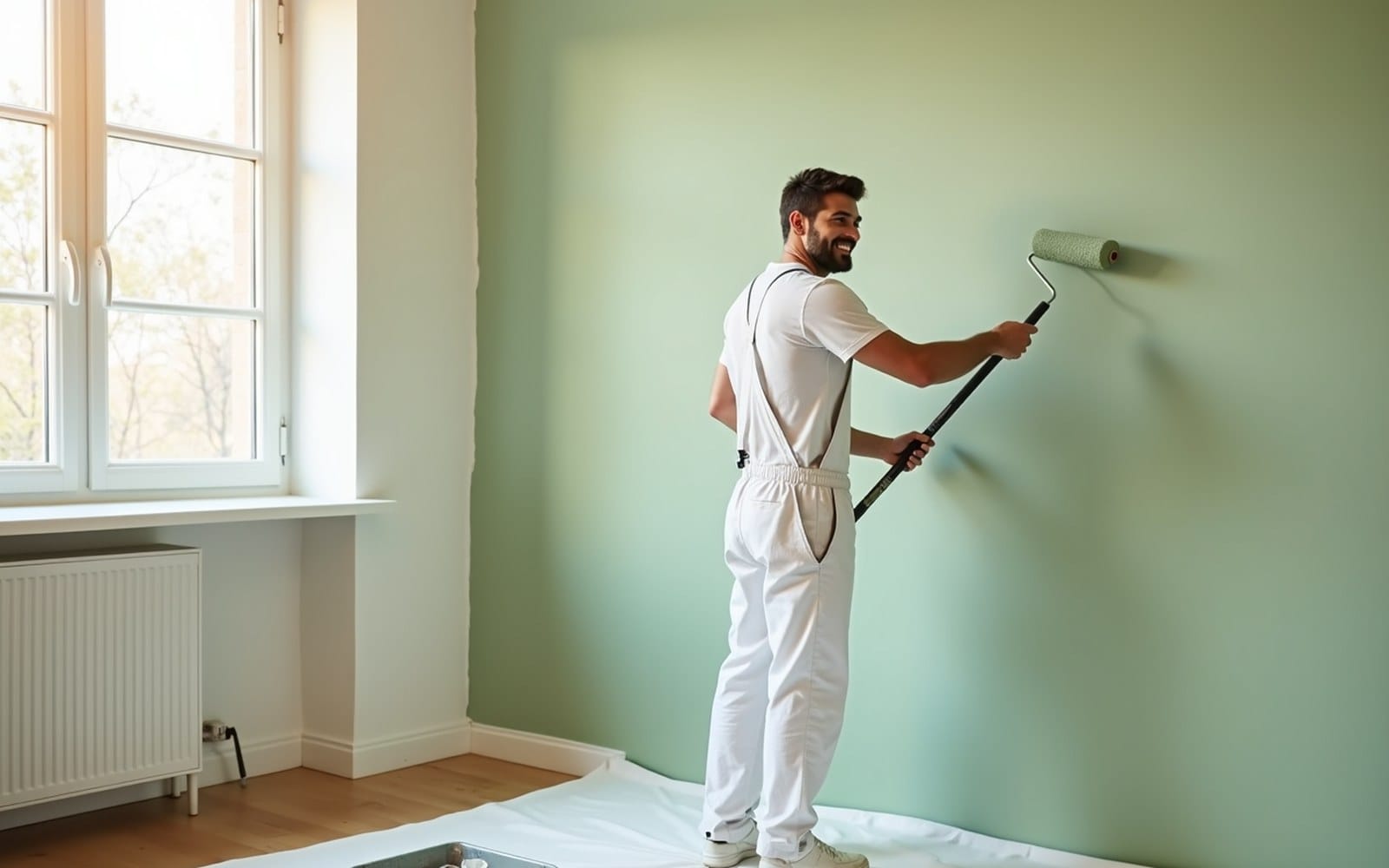 Happy professional painter smiling while rolling fresh paint onto an interior wall